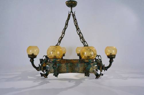 Iron chandelier, glass shades 1930`s ca, Italian